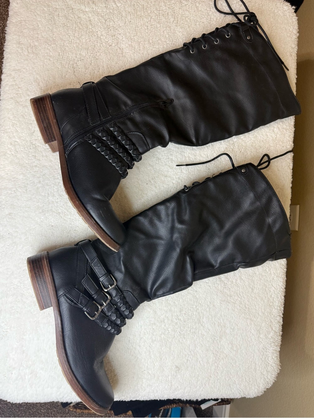 XOXO Black Over-the-Knee Lace-Up Boots with Buckle Straps and Braided Detail - Picture 2 of 12